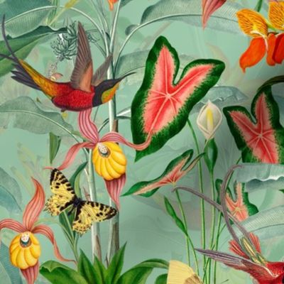 14" Exotic Jungle Beauty: A Vintage Botanical Pattern Featuring Orchids, Hummingbirds, and Butterflies green double layer