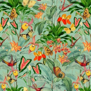 14" Exotic Jungle Beauty: A Vintage Botanical Pattern Featuring Orchids, Hummingbirds, and Butterflies green double layer