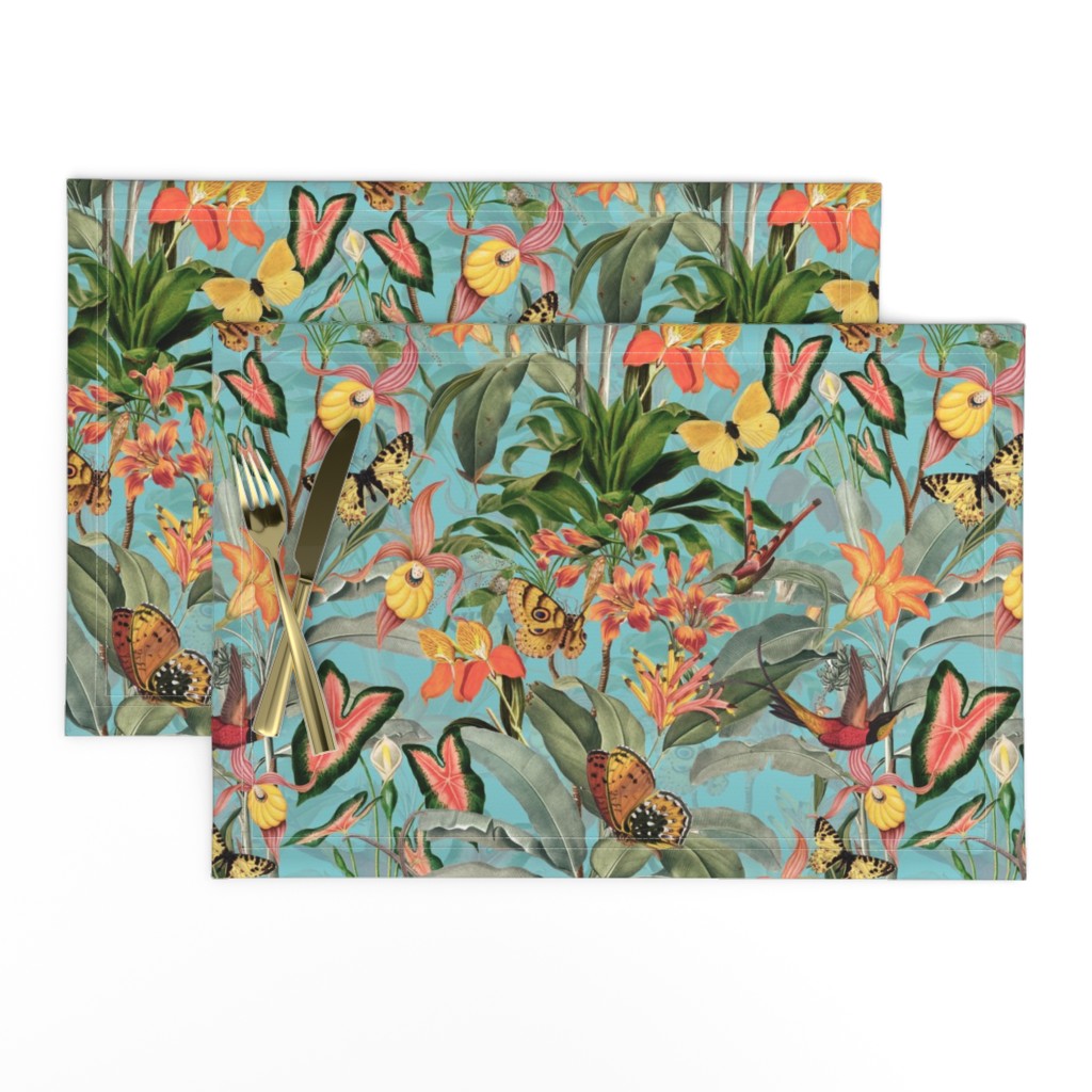 Exotic Jungle Beauty: A Vintage Botanical Pattern Featuring Orchids, Hummingbirds, and Butterflies turquoise double layer