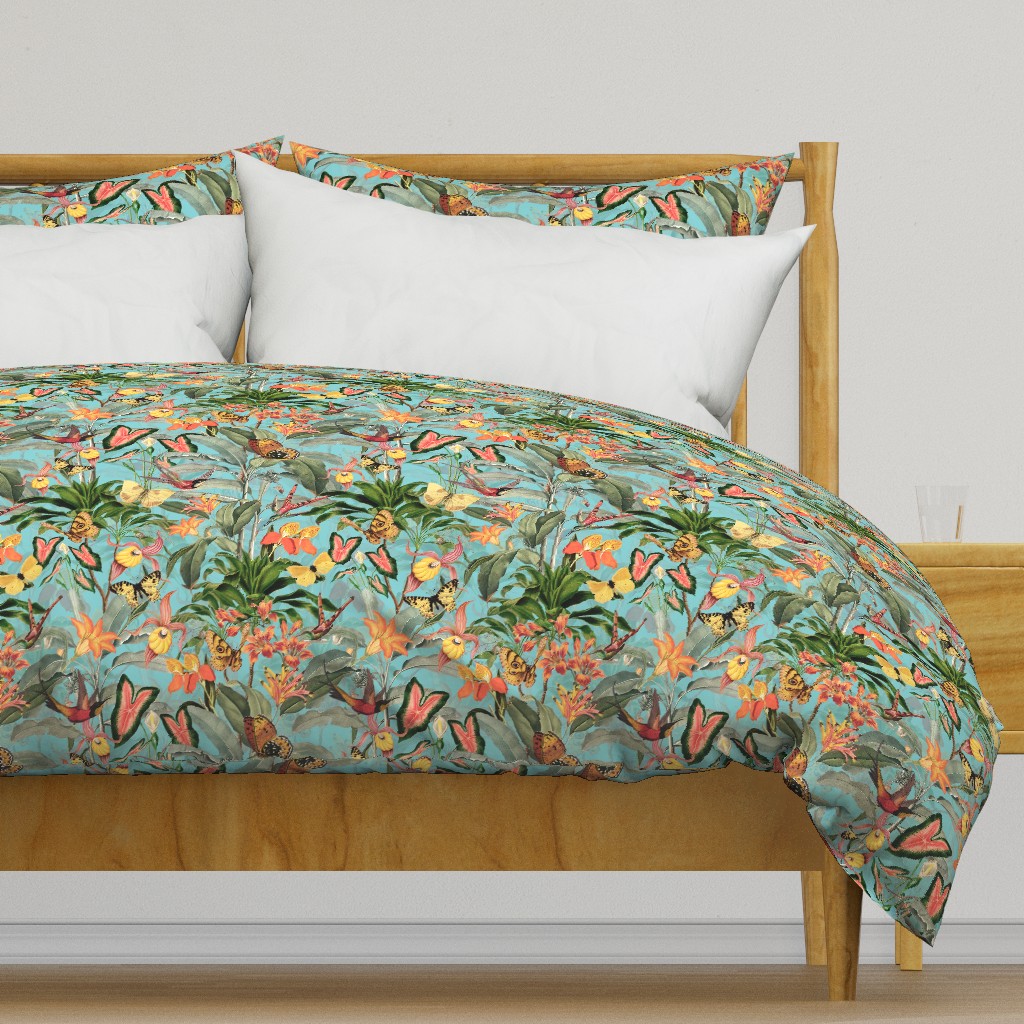 Exotic Jungle Beauty: A Vintage Botanical Pattern Featuring Orchids, Hummingbirds, and Butterflies turquoise double layer