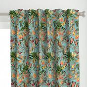 Exotic Jungle Beauty: A Vintage Botanical Pattern Featuring Orchids, Hummingbirds, and Butterflies turquoise double layer