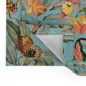 Exotic Jungle Beauty: A Vintage Botanical Pattern Featuring Orchids, Hummingbirds, and Butterflies turquoise double layer