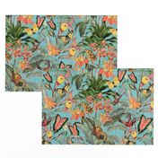 Exotic Jungle Beauty: A Vintage Botanical Pattern Featuring Orchids, Hummingbirds, and Butterflies turquoise double layer