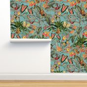 Exotic Jungle Beauty: A Vintage Botanical Pattern Featuring Orchids, Hummingbirds, and Butterflies turquoise double layer