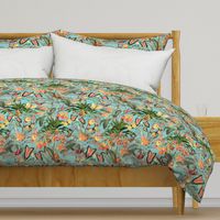 Exotic Jungle Beauty: A Vintage Botanical Pattern Featuring Orchids, Hummingbirds, and Butterflies turquoise double layer