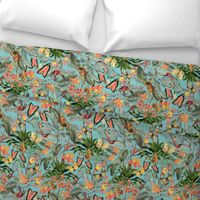 Exotic Jungle Beauty: A Vintage Botanical Pattern Featuring Orchids, Hummingbirds, and Butterflies turquoise double layer