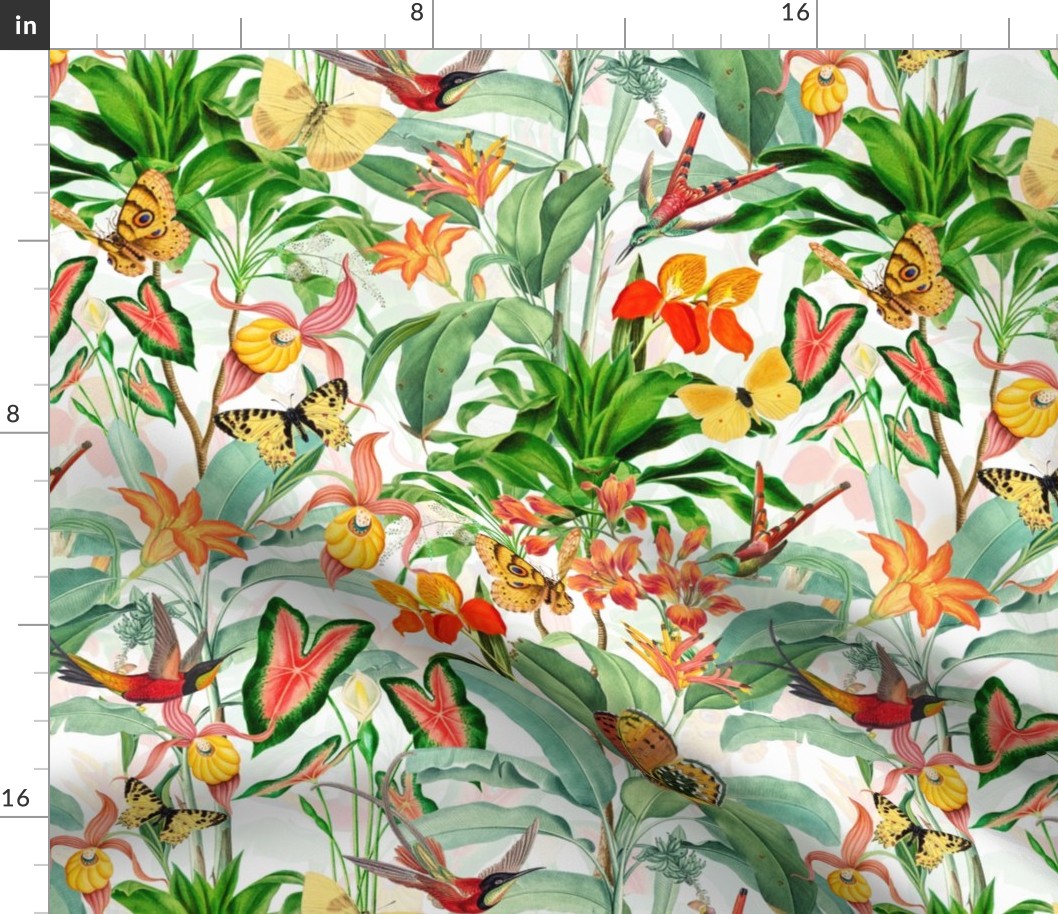 14" Exotic Jungle Beauty: A Vintage Botanical Pattern Featuring Orchids, Hummingbirds, and Butterflies white double layer