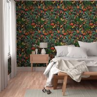 14" Exotic Jungle Beauty: A Vintage Botanical Pattern Featuring Orchids, Hummingbirds, and Butterflies night black double layer