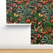 14" Exotic Jungle Beauty: A Vintage Botanical Pattern Featuring Orchids, Hummingbirds, and Butterflies night black double layer
