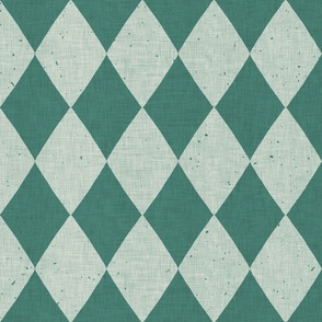 Large scale classic diamond​,​ harlequin pattern in malachite green on a mint green background with vintage linen texture