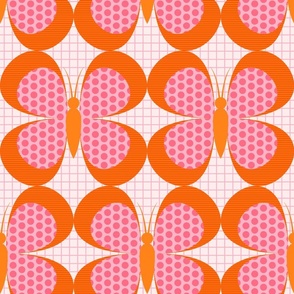 Retro Butterflies with Polka Dots Stripes and Grid in Pink Orange and Yellow