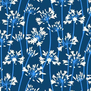White Agapanthus jumbo wallpaper scale navy blue by Pippa Shaw