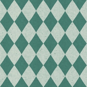 Classic diamond​,​ harlequin pattern in malachite green on a mint green background with vintage linen texture