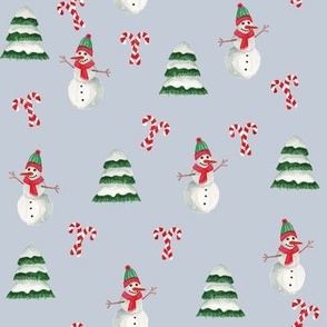 Watercolor Snowman Candy Cane & Tree scatter on Silver Medium Scale 8 x 8