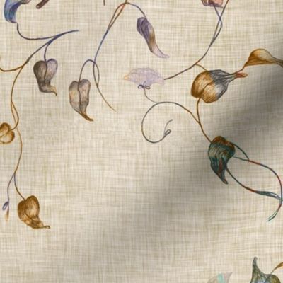 Medium autumn / fall foliage  in a muted marble effect on a cream background with a vintage linen texture