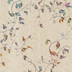 Medium autumn / fall foliage  in a muted marble effect on a cream background with a vintage linen texture