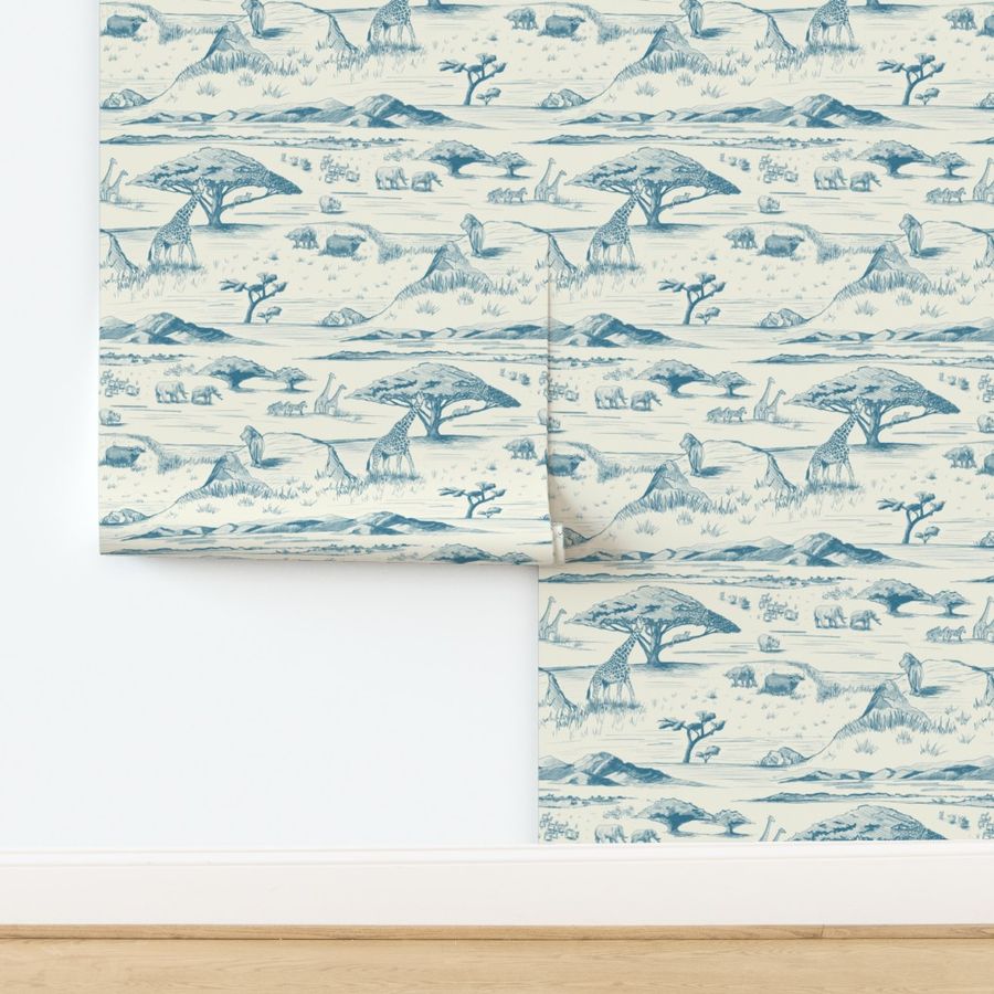 African Savanna Toile de Jouy, Blue on Ivory