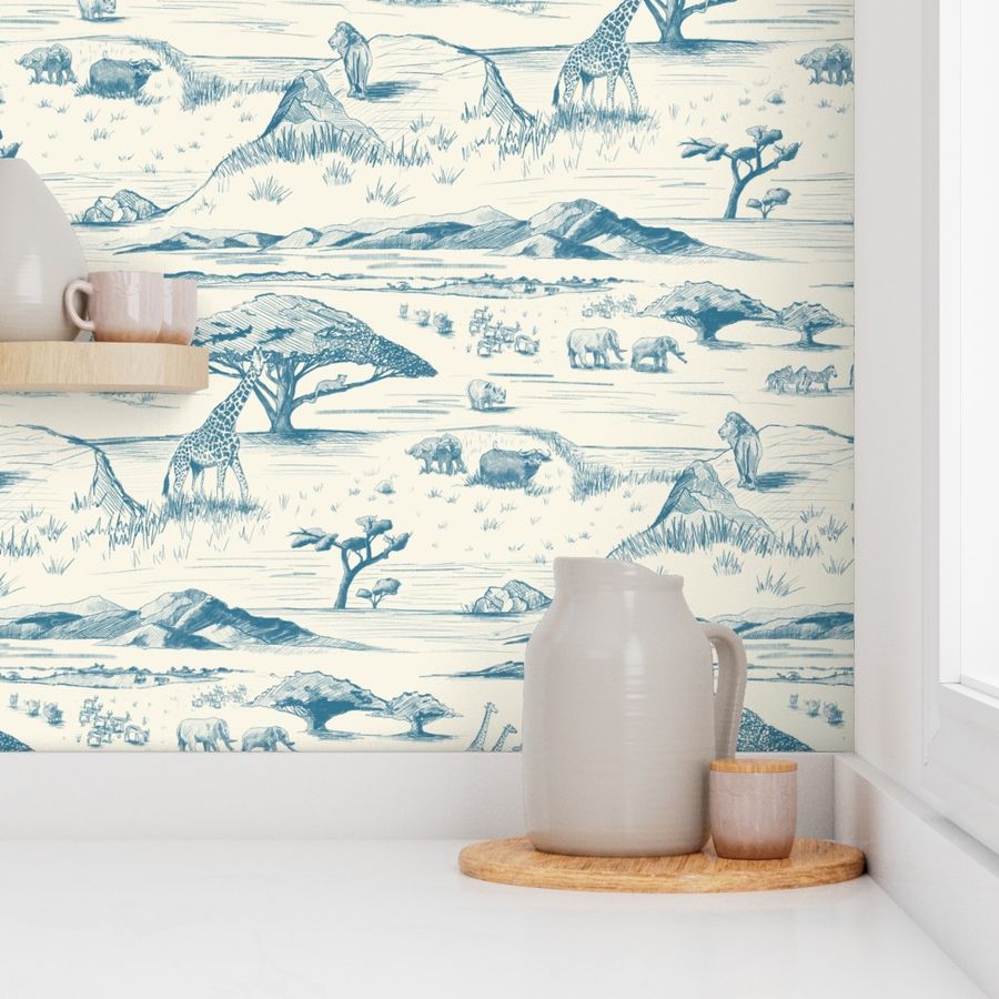 African Savanna Toile de Jouy, Blue on Ivory