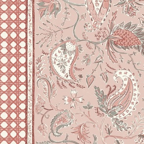 Cane Garden Paisley in Blue - 12 inch repeat - in pinks and red