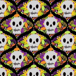 Floral Skulls Pattern in Green, Orange, Yellow and Purple