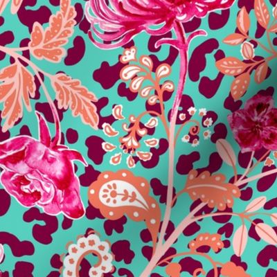 Maximalist Pattern Play- Leopard Rose Paisley in turquoise, tangerine,peach, magenta pink_ burgundy_ and cream