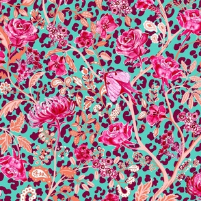 Maximalist Pattern Play- Leopard Rose Paisley in turquoise, tangerine,peach, magenta pink_ burgundy_ and cream