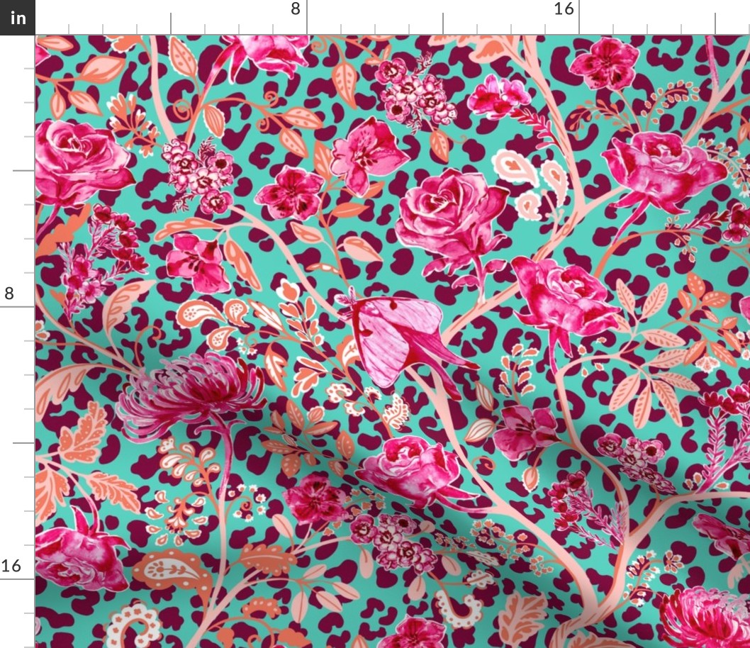 Maximalist Pattern Play- Leopard Rose Paisley in turquoise, tangerine,peach, magenta pink_ burgundy_ and cream