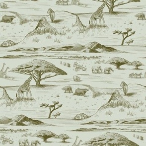 African Savanna Toile de Jouy, Olive on Sage