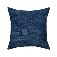 Sashiko Indigo Linen | Japanese stitch patterns on a dark blue linen texture, shibori linen, boro cloth, visible mending, kantha quilt in navy blue and white.