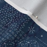 Sashiko Indigo Linen | Japanese stitch patterns on a dark blue linen texture, shibori linen, boro cloth, visible mending, kantha quilt in navy blue and white.