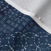 Sashiko Indigo Linen (large scale) | Japanese stitch patterns on a dark blue linen texture, shibori linen, boro cloth, visible mending, kantha quilt in navy blue and white.