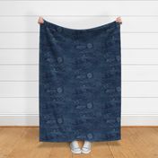 Sashiko Indigo Linen (large scale) | Japanese stitch patterns on a dark blue linen texture, shibori linen, boro cloth, visible mending, kantha quilt in navy blue and white.