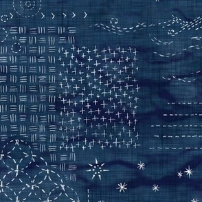 Sashiko Indigo Linen (large scale) | Japanese stitch patterns on a dark blue linen texture, shibori linen, boro cloth, visible mending, kantha quilt in navy blue and white.