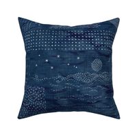 Sashiko Indigo Linen (xl scale) | Japanese stitch patterns on a dark blue linen texture, shibori linen, boro cloth, visible mending, kantha quilt in navy blue and white.
