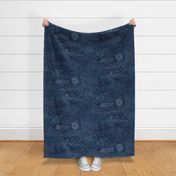 Sashiko Indigo Linen (xl scale) | Japanese stitch patterns on a dark blue linen texture, shibori linen, boro cloth, visible mending, kantha quilt in navy blue and white.