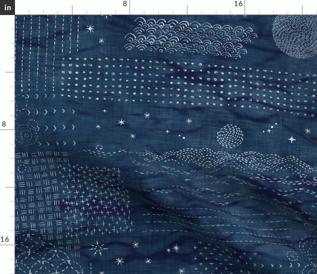 Sashiko Indigo Linen (xl scale) | Japanese stitch patterns on a dark blue linen texture, shibori linen, boro cloth, visible mending, kantha quilt in navy blue and white.