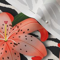 Tiger Lily Animal Print (Large) - Pattern Clash Floral Stripes in orange, black and white