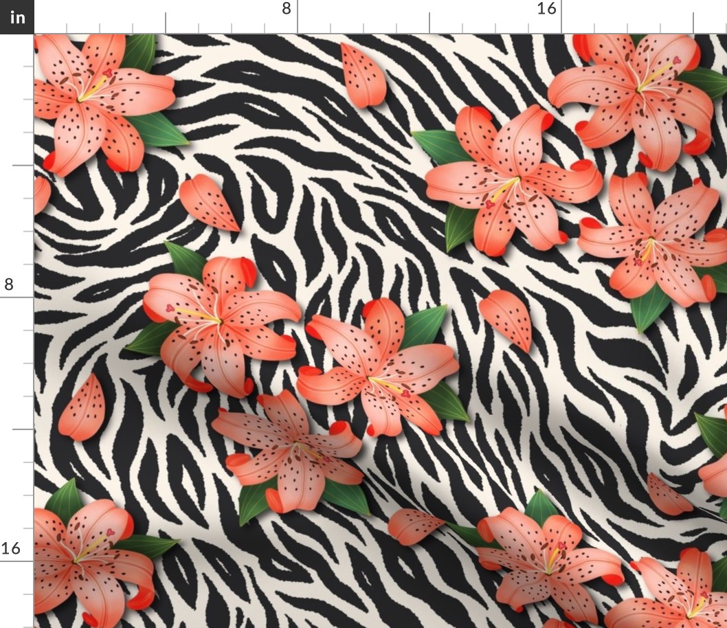 Tiger Lily Animal Print (Large) - Pattern Clash Floral Stripes in orange, black and white
