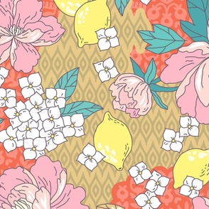 Peonies, hydrangea and lemons in Japanese style. Golden-red. Large