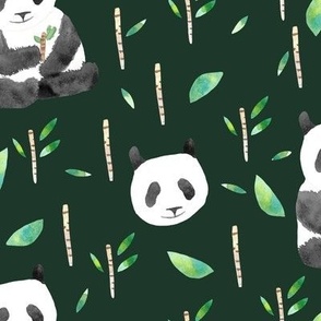 Watercolor Pandas and sugar cane on Deep Forest Green