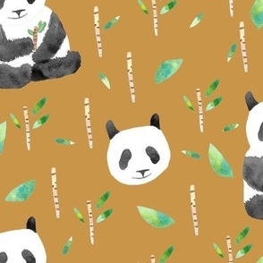 Watercolor Pandas and sugar cane on Tan