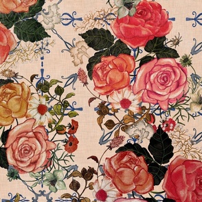 Hand drawn Victorian style roses in red and yellow on delft blue tiled background with a vintage linen texture