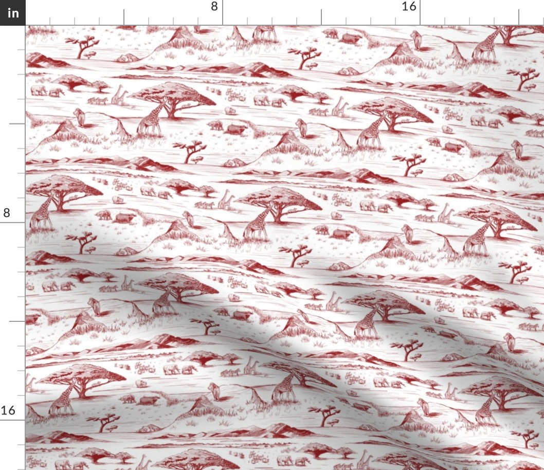 African Savanna Toile de Jouy, Red on White