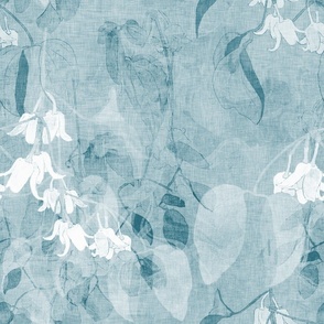 Clematis flowers in watercolor style on dusty pale blue marbled background with a vintage linen texture