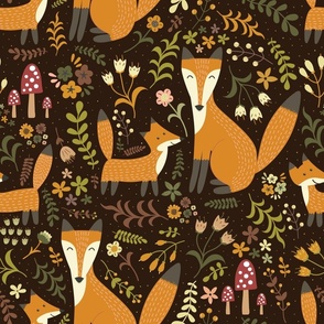 Cute Mommy and Baby Fox Woodland Pattern, Medium Scale
