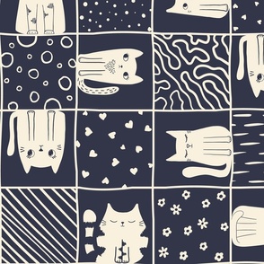 Big cream cute funny cats on navy blue checker, huge scale, great for duvet, throw blankets