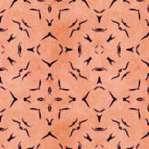 Dark ink marks on a terracotta peach background with a subtle mottled texture