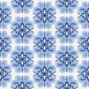 Floral Quatrefoil Damask - Porcelain White & Blue - Large Scale