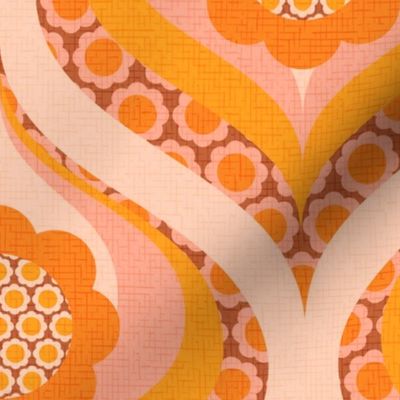 groovy retro 60s 70s daisy swirl pattern clash 12 wallpaper scale orange blush by Pippa Shaw