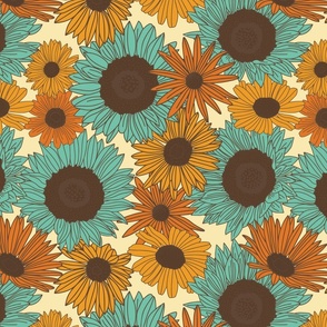 small scale 70s floral turquoise  sunflowers daisies